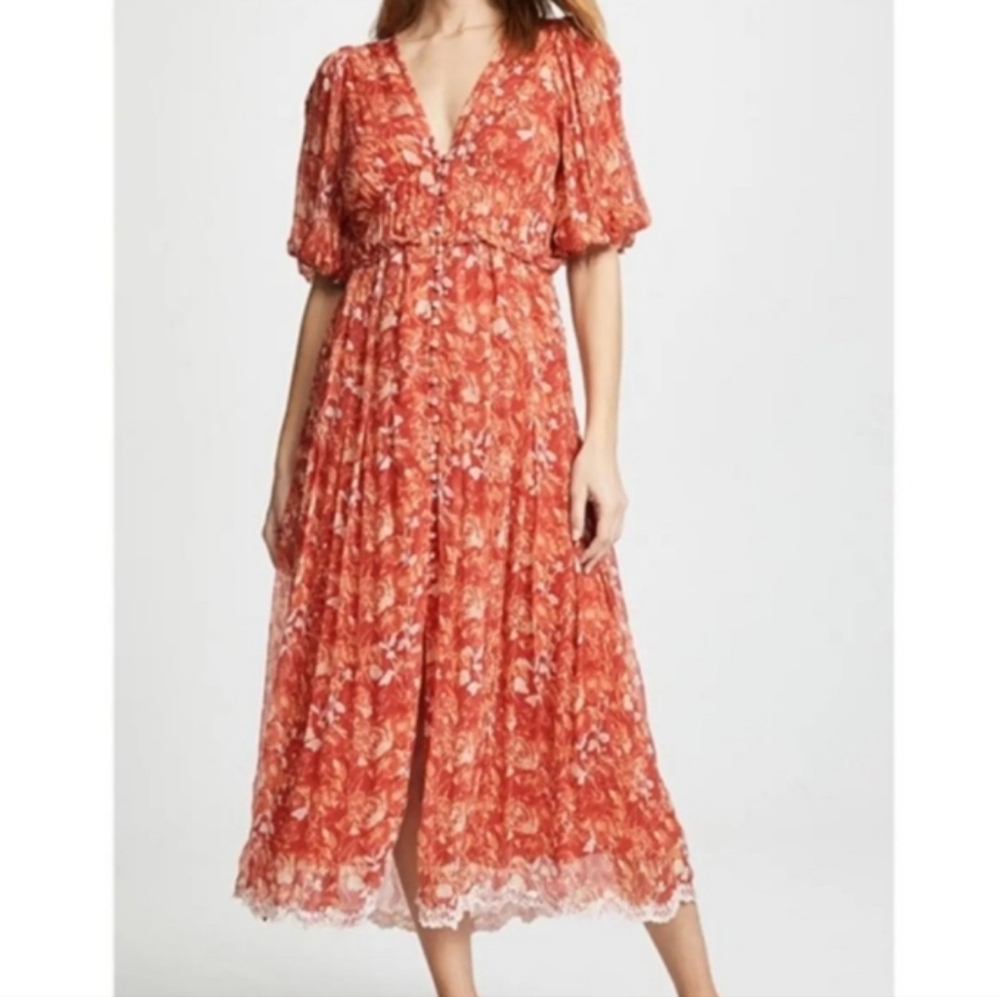 Hemant & Nandita Dawn Silk Midi Dress Orange Floral M - Picture 3 of 16